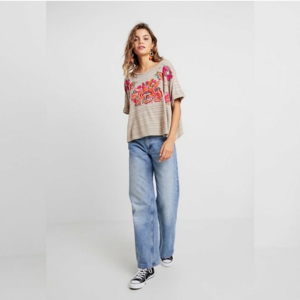 Free People Catalunya Embroidered Oversized Cropped Top in Mushroom Combo Size L - Picture 13 of 16